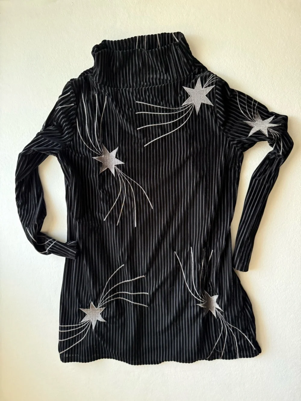 Judith March Black Velvet Long-Sleeve Top with Silver Starburst Embroidery